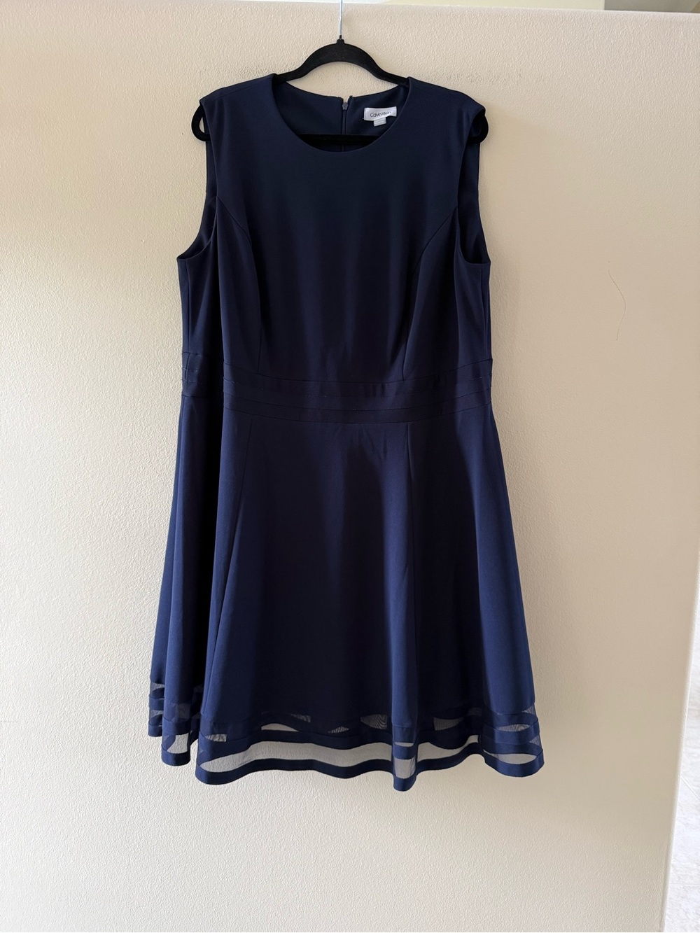 Calvin Klein Navy Sleeveless A-Line Dress with Sheer Hem Detail
